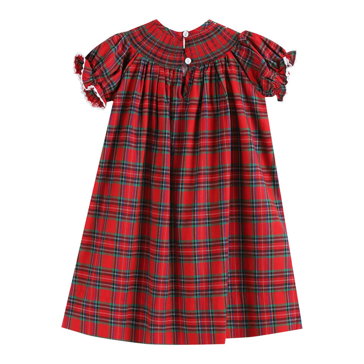 Red and green plaid smocked bishop dress, short ruffled sleeves, smocked neckline, two back buttons, loose fit. Available in size 4T.