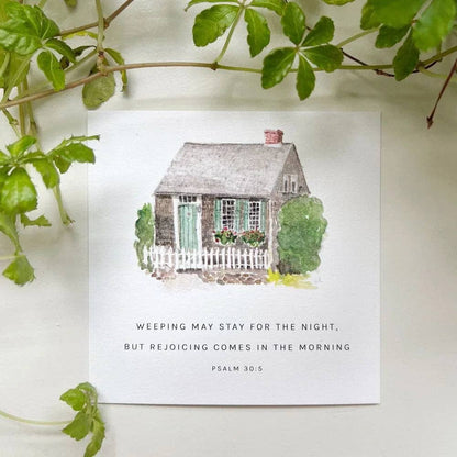 Truth for Today Hope Cards, 4x6 in., feature watercolor house, picket fence, greenery. Verse: Psalm 30:5.