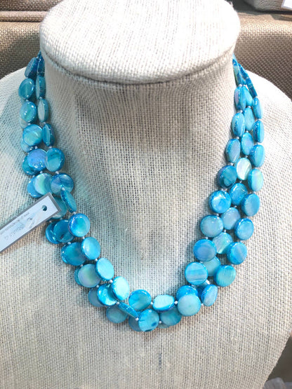 Mother of Pearl 3 Strand Necklace with shiny turquoise-blue beads, magnet clasp. Available sizes: S, M, L.