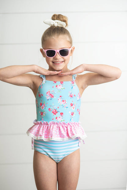 Kids Pink & Blue Ruffle Cross Back 2 Piece Swimsuit