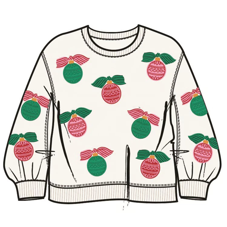 Millie Baubles &amp; Bows cream sequin sweatshirt with green and pink ornament pattern. Available in various sizes.