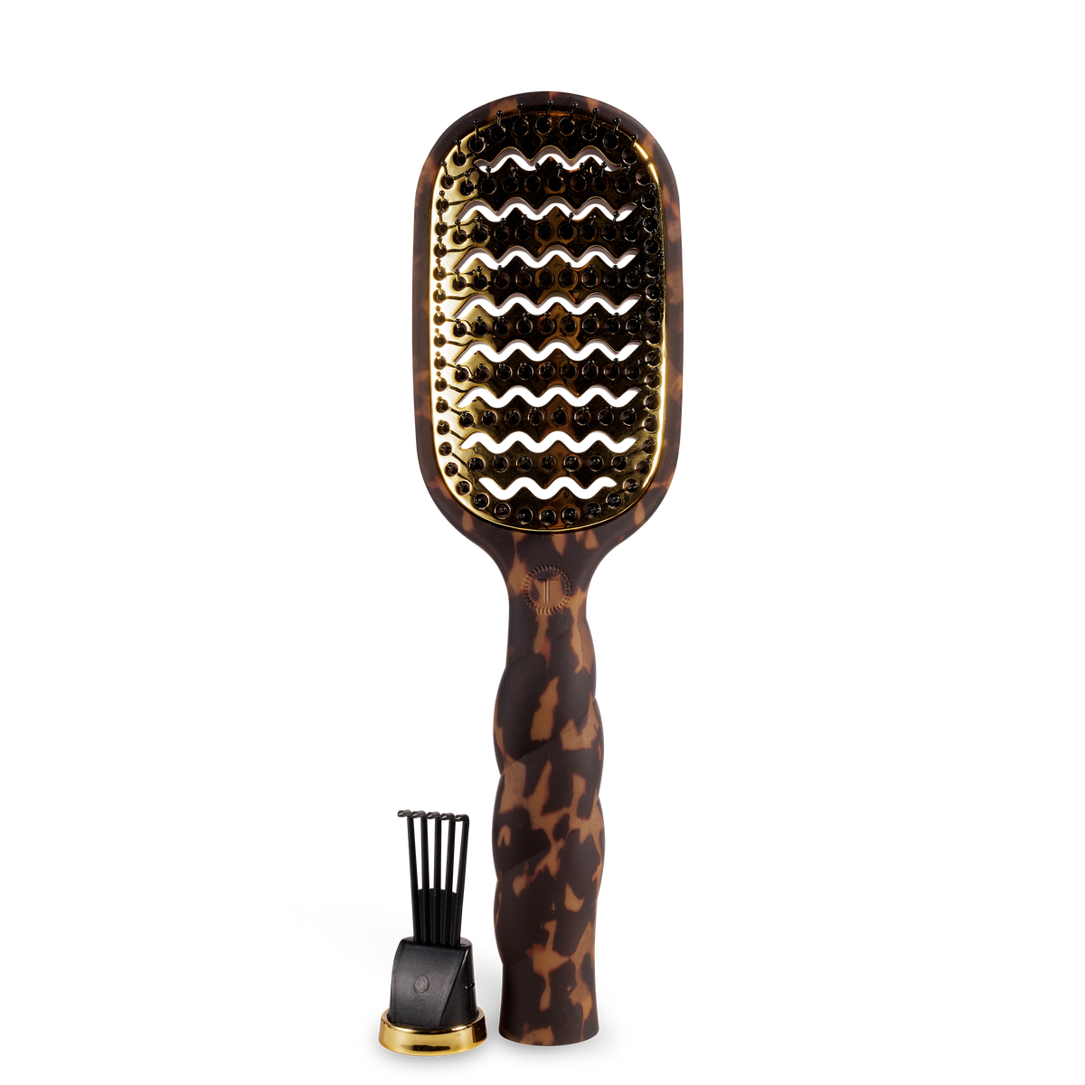The Vented Hair Brush | Tortoise has a quick-heating aluminum plate, gold vented paddle, and textured tortoiseshell-patterned handle. Available in multiple sizes.