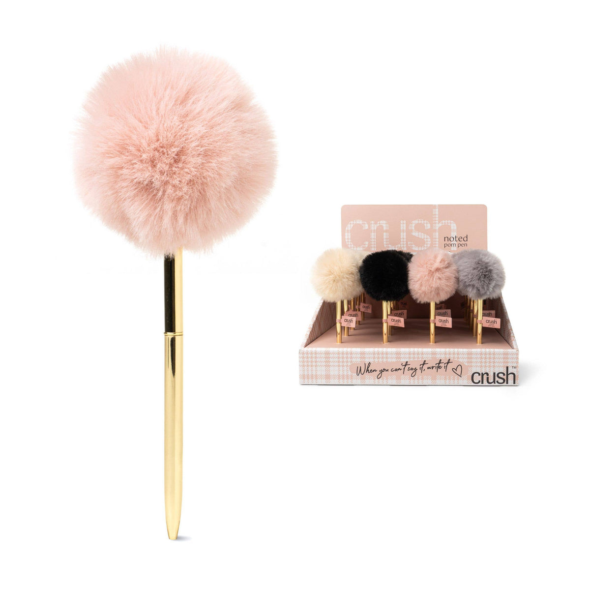 Crush Noted Pom Pen featuring a goldtone barrel and large pink plush pom topper. Available in standard pen size.