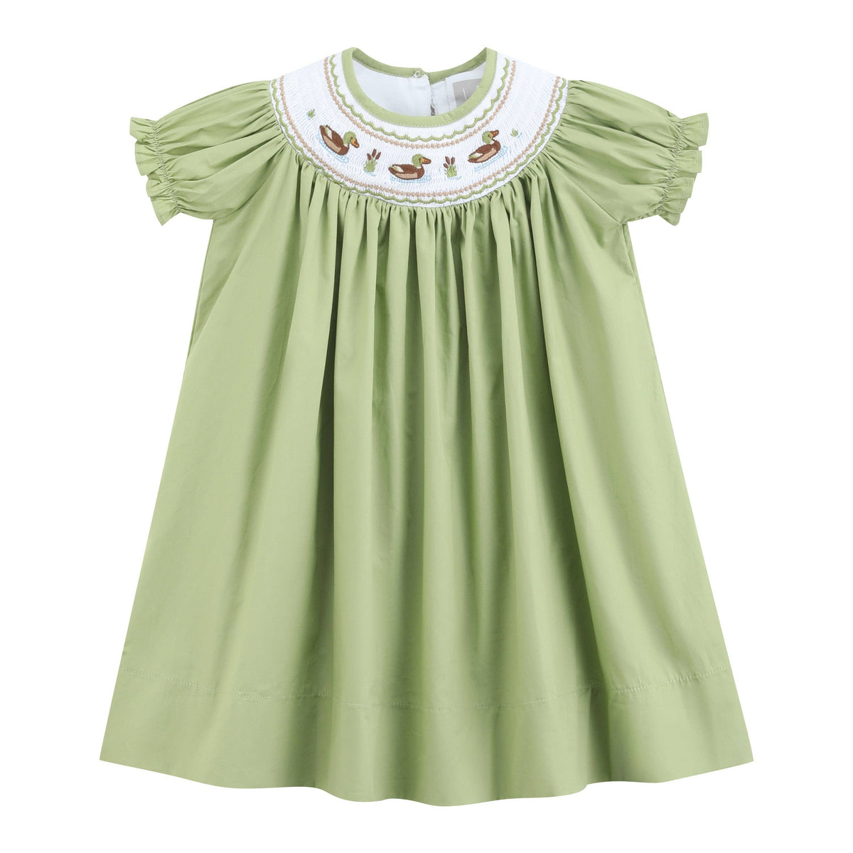 Pistachio green short-sleeve bishop dress with a white embroidered collar, brown mallard ducks, floral accents, smocking, ruffled sleeves, and gentle gathers. Available in sizes 2T-6.