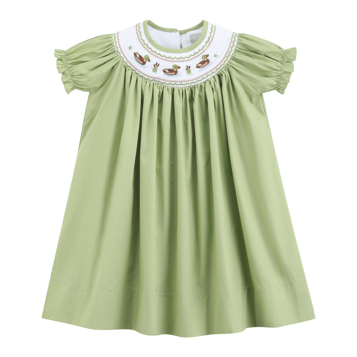 Pistachio green Mallard Duck Smocked Bishop Dress, size 18-24M, with short ruffled sleeves, gathered waist, and white embroidered collar featuring brown bunnies, ducks, and flowers.