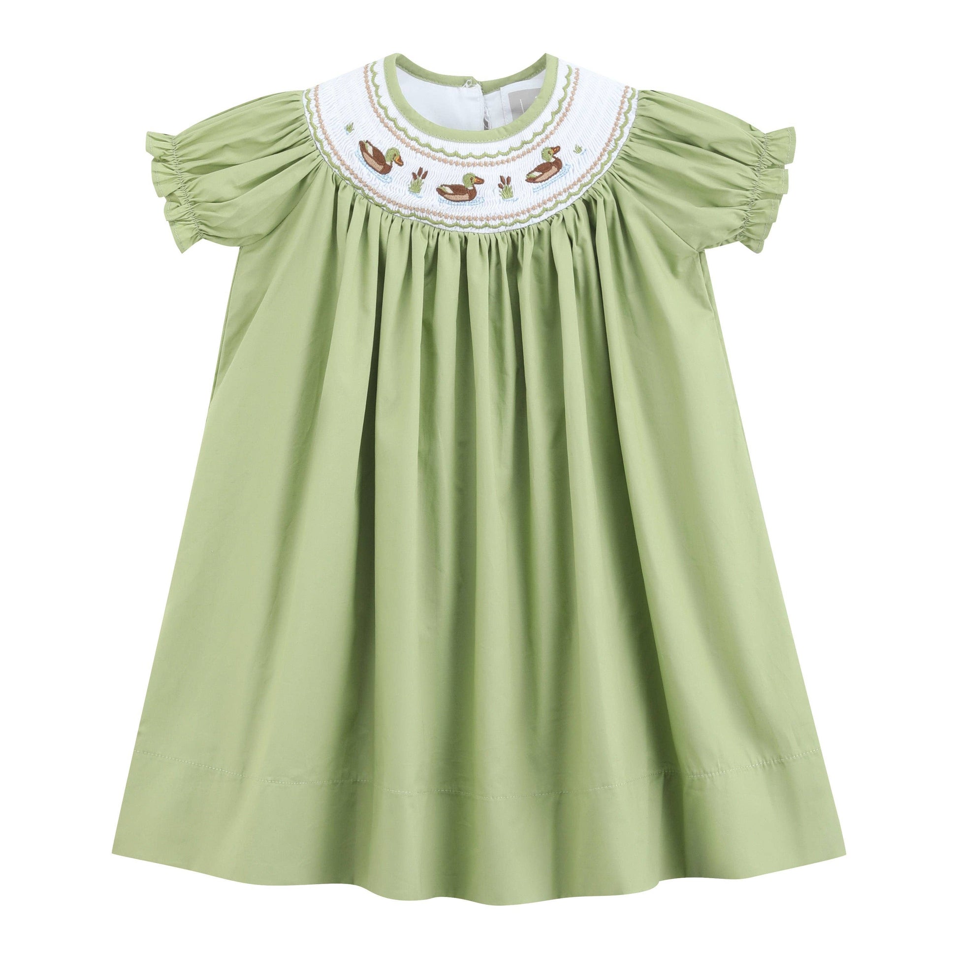 Pistachio green short-sleeve bishop dress with gathered full skirt, ruffled sleeves, and a smocked white collar featuring embroidered mallard ducks, small flowers, and green leaves. Available in sizes 2T-6.