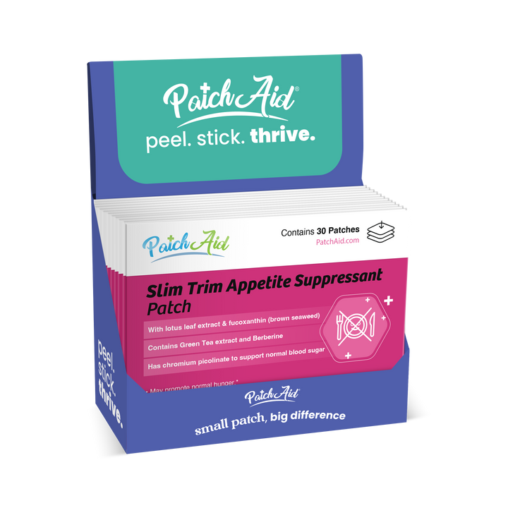 A Slim Trim Appetite Suppressant Patch – Craving Control: 1-pack display box with 30 patches, containing lotus leaf extract and green tea. Available in a box colored blue, white, and pink with the slogan “peel. stick. thrive.”.