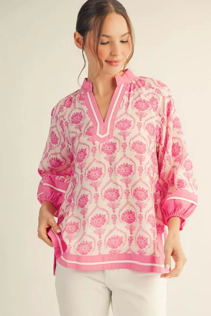 Pink Puff Sleeve Boho Print Top