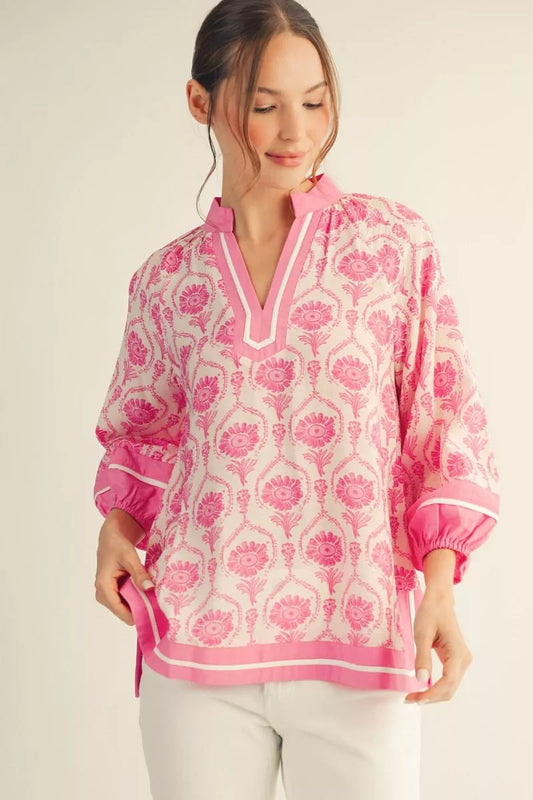 Pink Puff Sleeve Boho Print Top with V-neck and long sleeves. Available in sizes XS-XL.