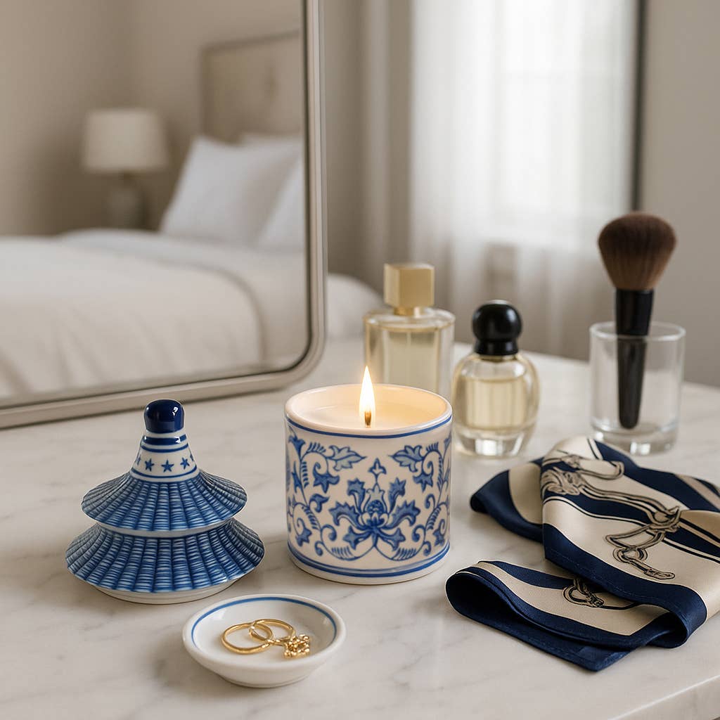 Blue Ceramic Plumeria Chinoiserie Pagoda Candle burning on marble vanity; available in 9 oz size.