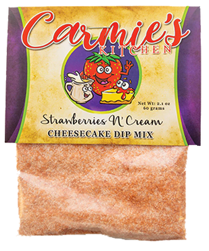 Strawberries N Cream Cheesecake Dip, 8 oz packet with label, cartoon strawberry, whisk and bowl on packaging.