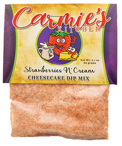 Strawberries N Cream Cheesecake Dip, 8 oz packet with label, cartoon strawberry, whisk and bowl on packaging.