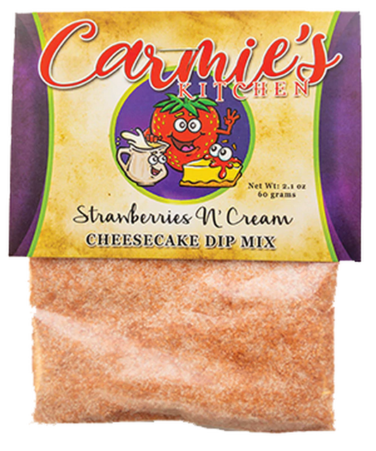 Strawberries N Cream Cheesecake Dip, 8 oz packet with label, cartoon strawberry, whisk and bowl on packaging.