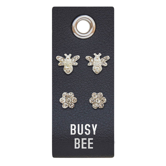 Silver Stud Earrings - Busy Bee: two pairs of rhinestone studs, bee and flower designs. Sizes available: small, medium.