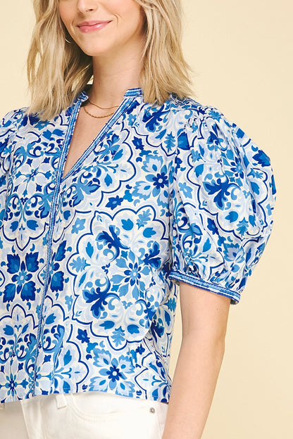 Damask V-Neck Balloon Sleeve Blouse