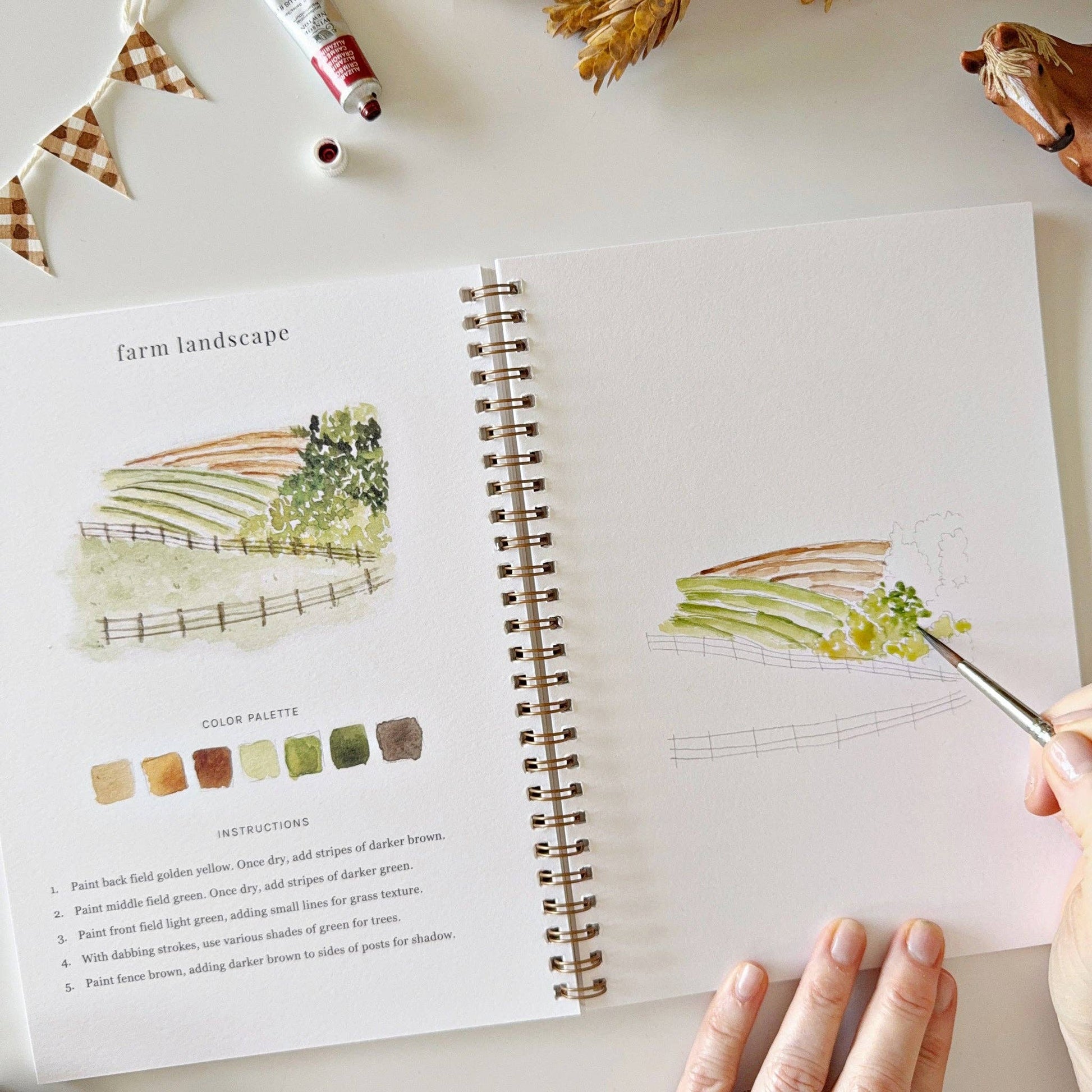 Farm Watercolor Workbook with instructions and color palette. Available in 8x10 and 9x12 inches.