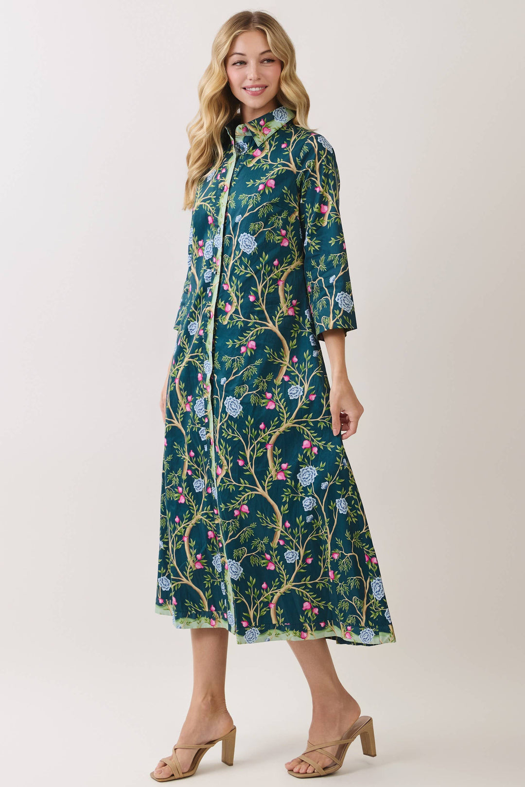 CD07354-Botanical Print Button Front Midi Dress in green, featuring botanical print, A-line shape, button front, and three-quarter sleeves. Available in S.