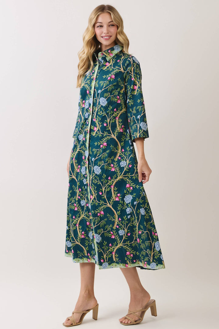 CD07354-Botanical Print Button Front Midi Dress in green, featuring botanical print, A-line shape, button front, and three-quarter sleeves. Available in S.