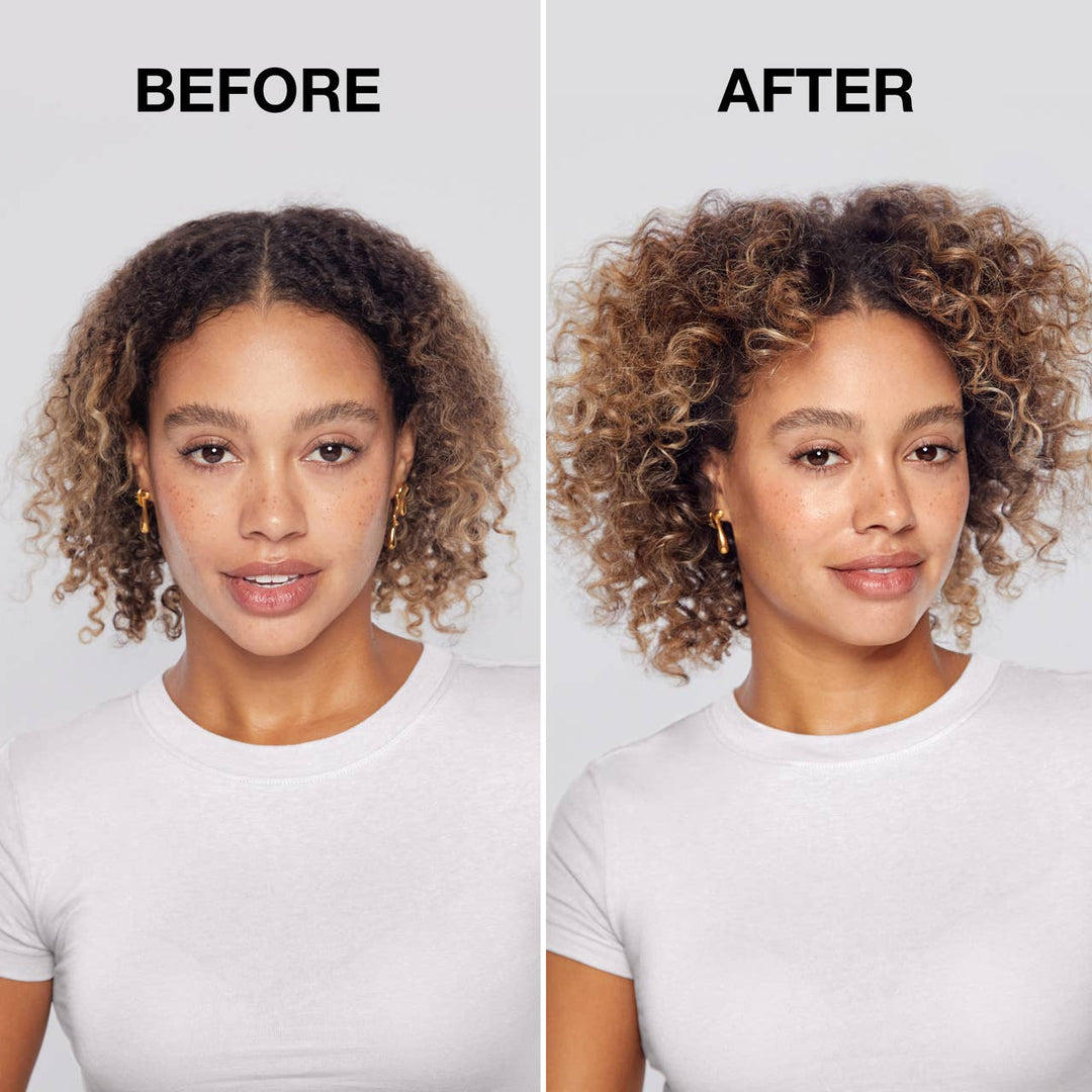 Side-by-side curls: before using Volumizing Rice Protein Dry Shampoo (Dark Tinted, 1 oz &amp; other sizes), after shows fuller curls.