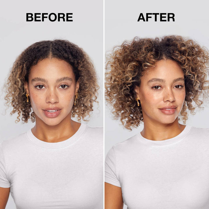 Side-by-side curls: before using Volumizing Rice Protein Dry Shampoo (Dark Tinted, 1 oz &amp; other sizes), after shows fuller curls.