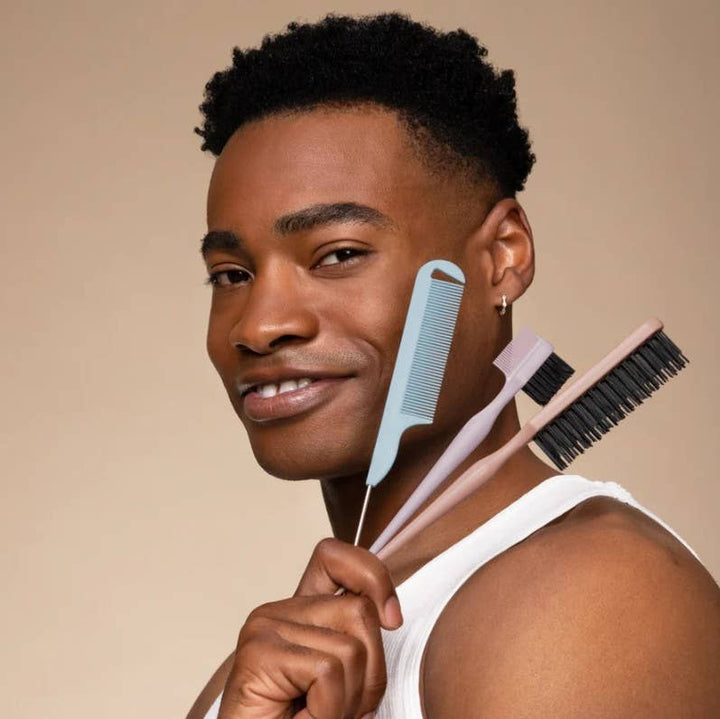 Detail &amp; Define Styling Brush Set: light blue pintail comb, tan edge brush, and tan teasing comb with stiff bristles.
