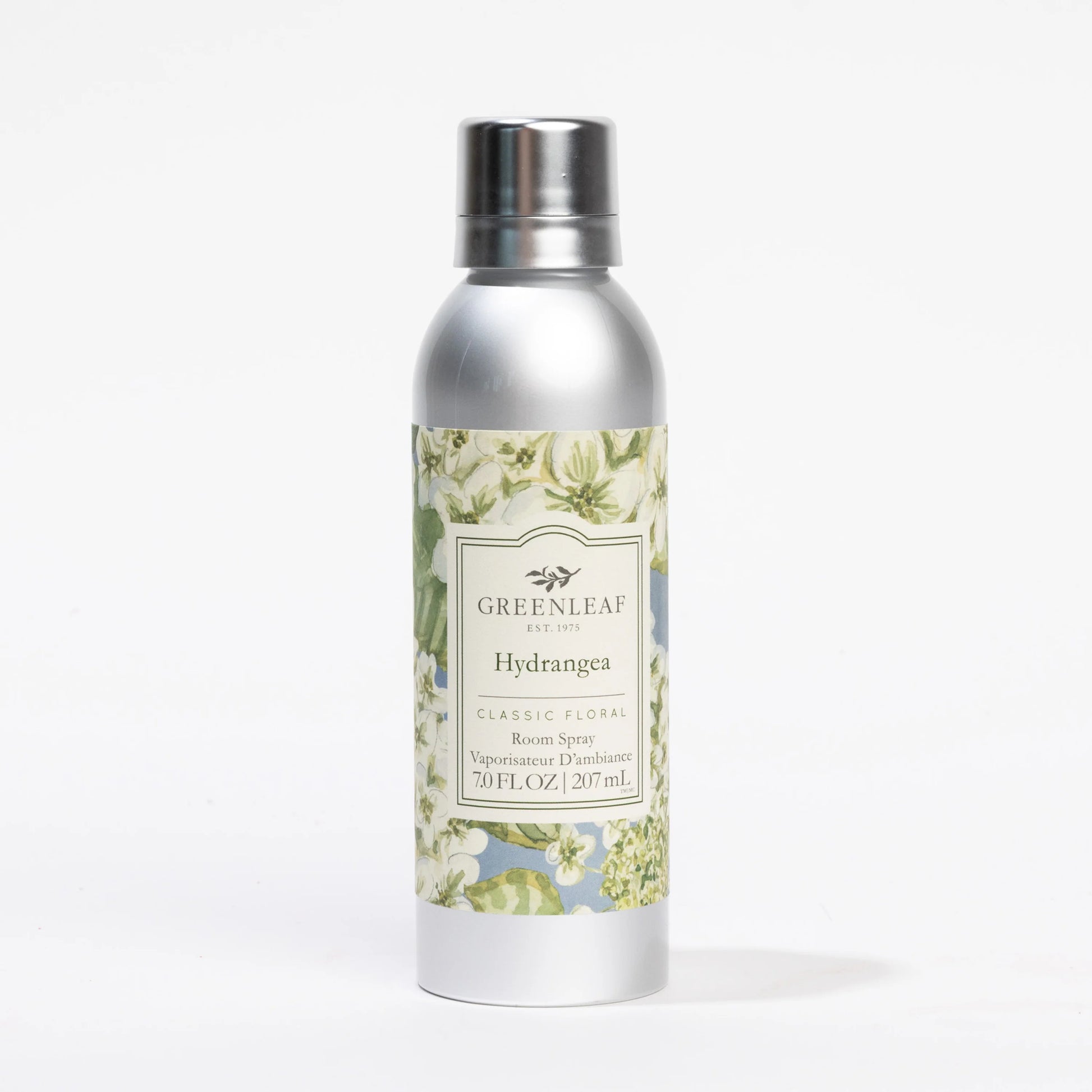 Silver spray bottle with floral label; long-lasting hydrangea scent. Available in 100ml and 200ml sizes.