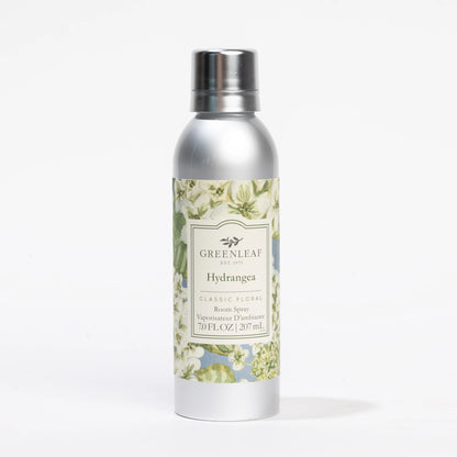 Silver spray bottle with floral label; long-lasting hydrangea scent. Available in 100ml and 200ml sizes.