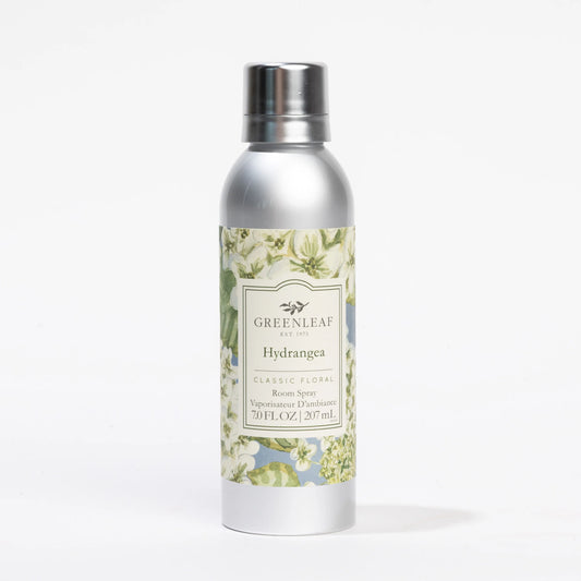 Silver spray bottle with floral label; long-lasting hydrangea scent. Available in 100ml and 200ml sizes.