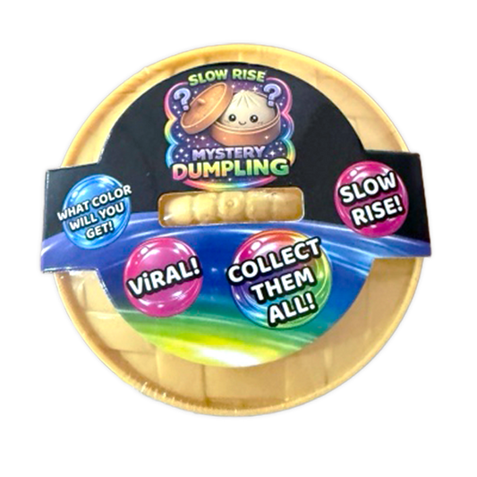 The Fun Doh 4" Mystery Slow Rise Dumpling Squish Toy in colorful packaging with playful text. Size: 4 inches.