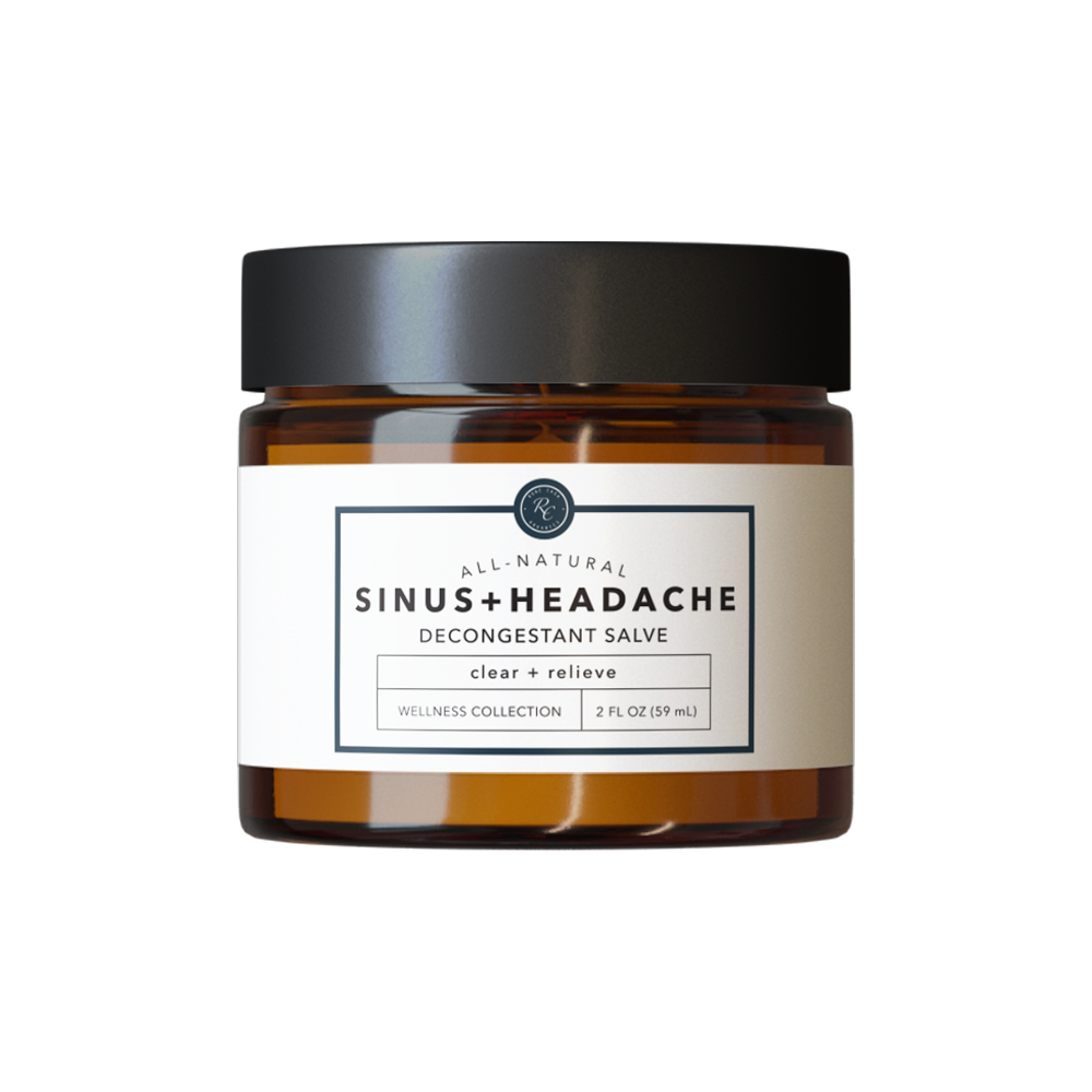 A brown jar with a white label reading “SINUS + HEADACHE DECONGESTANT SALVE | 2 oz” and “clear + relieve.” Available in 2 fl oz (59 ml) size.
