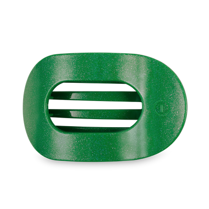 Green TELETIES Flat Round Hair Clip with oval shape, three prongs, unbreakable, subtly glittery. Available in multiple sizes.