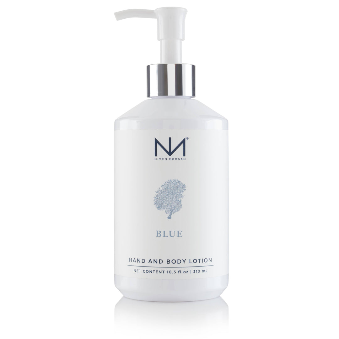 White pump bottle labeled "Blue Hand and Body Lotion" with blue coral design, 10.5 fl oz (310 ml), seaside scent.