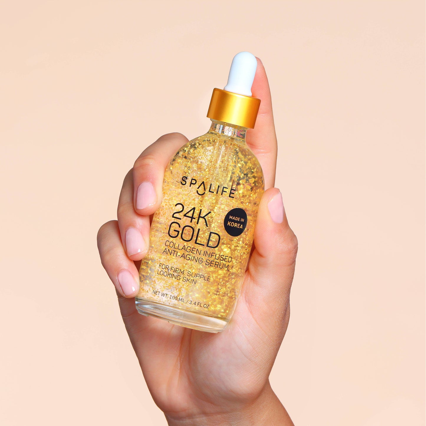 Gold 24K Collagen Anti-Aging Serum in a clear dropper bottle with visible gold flakes; available in 30ml and 50ml sizes.