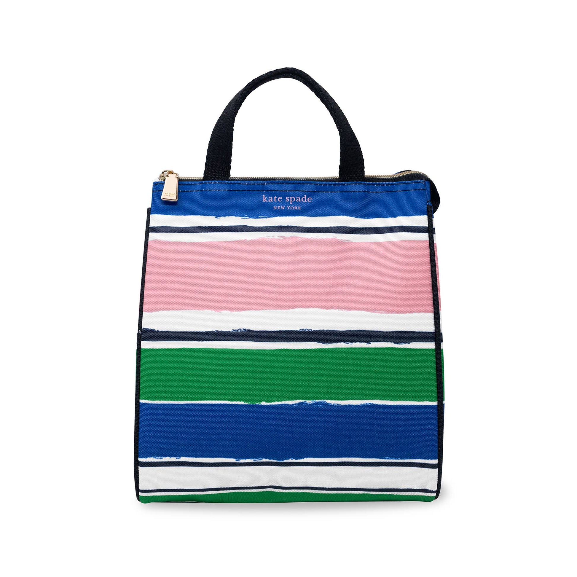 Lunch Bag, Ocean Stripe by Kate Spade: black handles, blue/pink/white/green stripes, “kate spade new york” in white. One size.