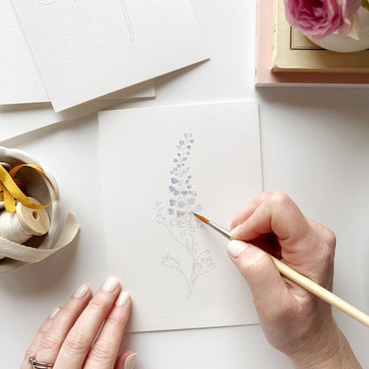Garden Flowers Paintable Notecard, set of 8, shown with a light purple painted area. Sizes available: standard notecard.