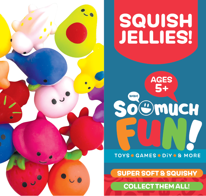 Super soft jelly toys in 3 styles—smiling fruit and animal shapes. Available sizes: small, medium, large.