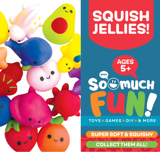 Super soft jelly toys in 3 styles—smiling fruit and animal shapes. Available sizes: small, medium, large.