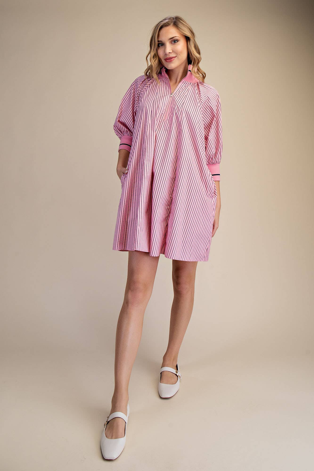 Pink Mock Neck Band Puff Sleeve Dress, loose fit, pink and white stripes. Available in sizes XS-XL.