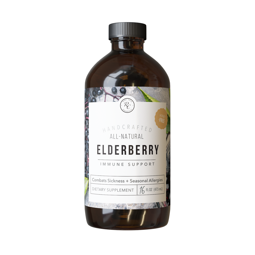 16 oz brown bottle labeled “ELDERBERRY IMMUNE SUPPORT | 16 oz: Regular,” dietary supplement; all-natural, handcrafted elderberry tonic; gluten-free.