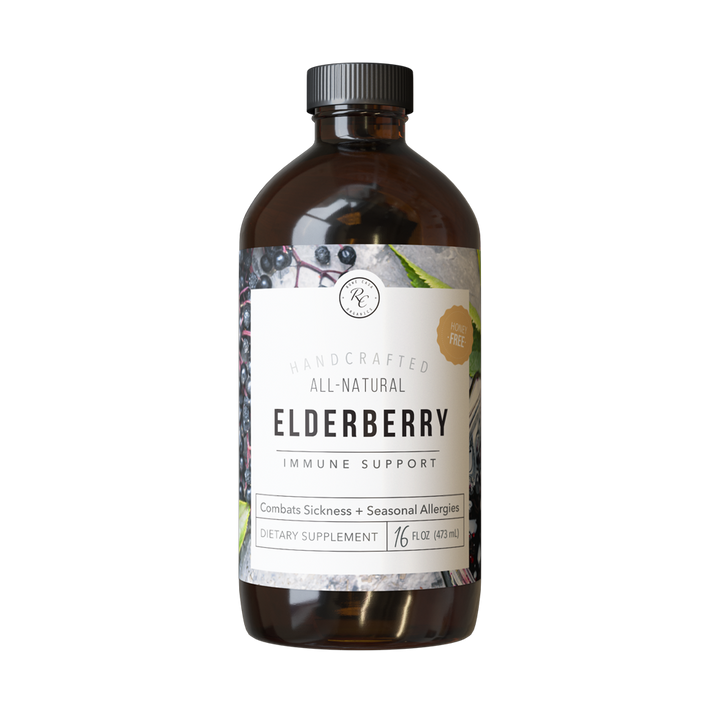 16 oz brown bottle labeled “ELDERBERRY IMMUNE SUPPORT | 16 oz: Regular,” dietary supplement; all-natural, handcrafted elderberry tonic; gluten-free.