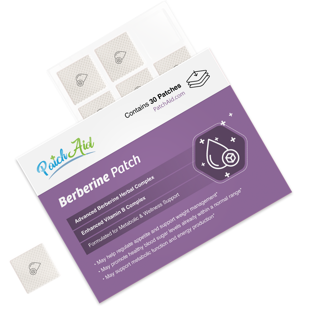 Berberine Patch – GLP-1 Support &amp; Appetite Control packaging shows 30 beige, square patches. The purple label notes metabolism support and weight management. Plant-based supplement. PatchAid branding and website displayed. Size: 30 patches per pack.