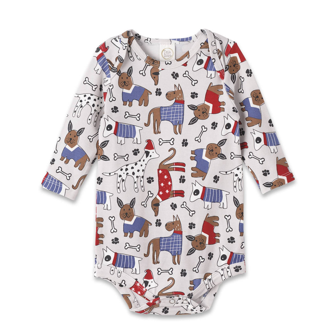 Set of 2 long-sleeve baby boy bodysuits in soft bamboo cotton with cartoon dog prints. Available sizes: NB-24M.