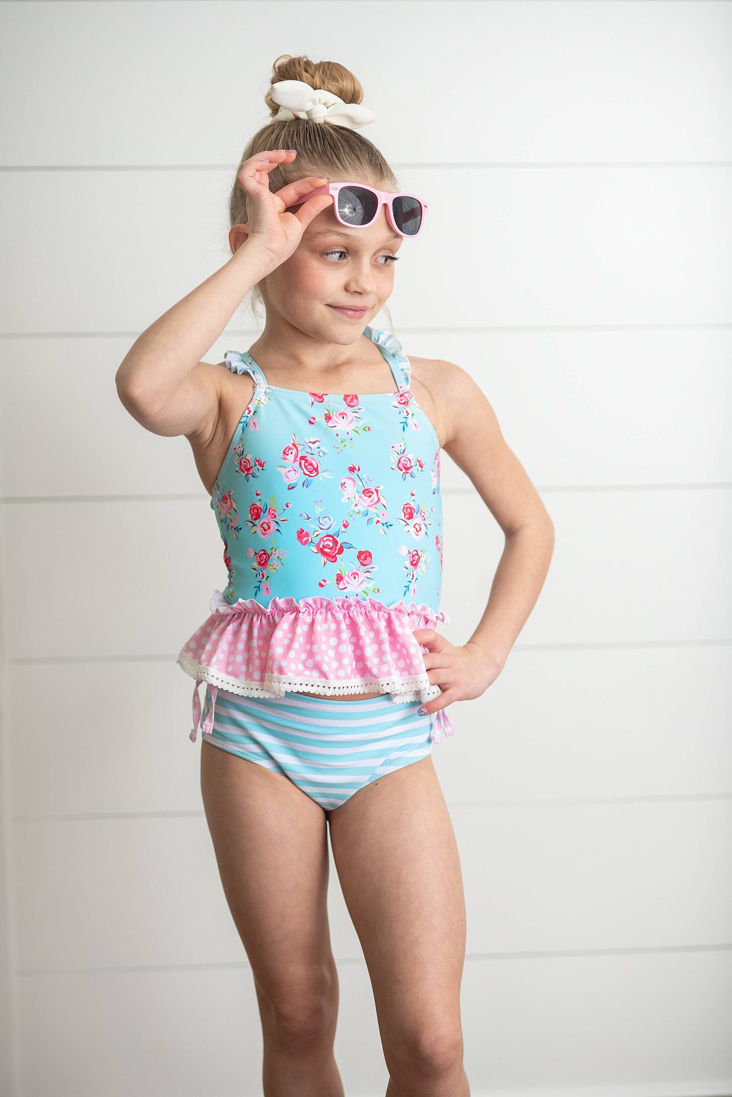 Kids Pink & Blue Ruffle Cross Back 2 Piece Swimsuit