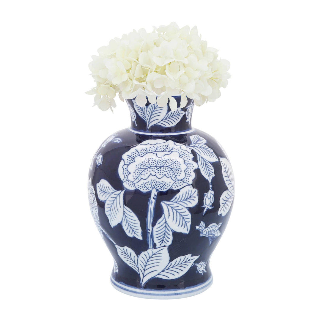 Blue Ceramic Floral Chinoiserie Vase, 9 in., with blue and white patterns. Available in 9-inch size.