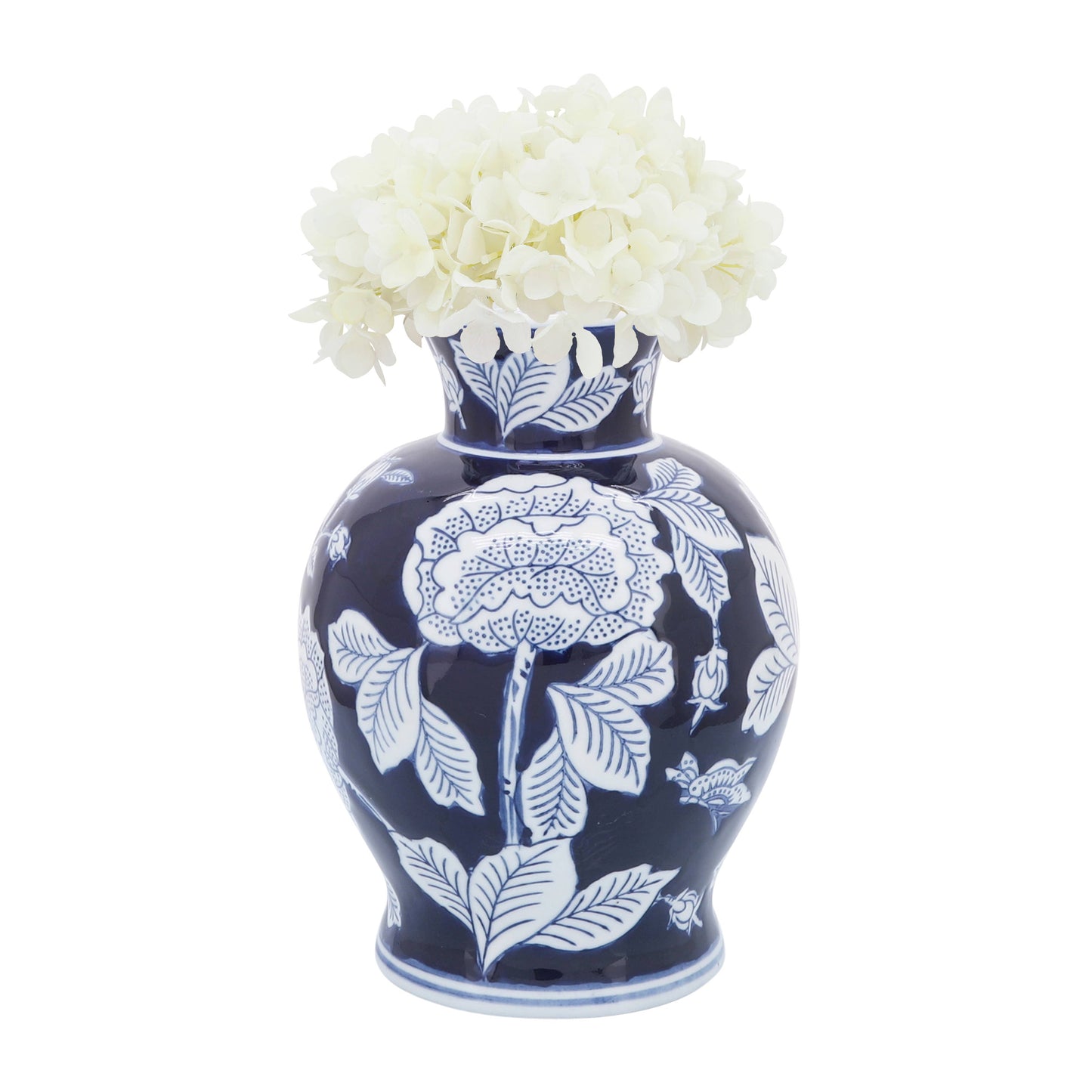 Blue Ceramic Floral Chinoiserie Vase, 9 in., with blue and white patterns. Available in 9-inch size.