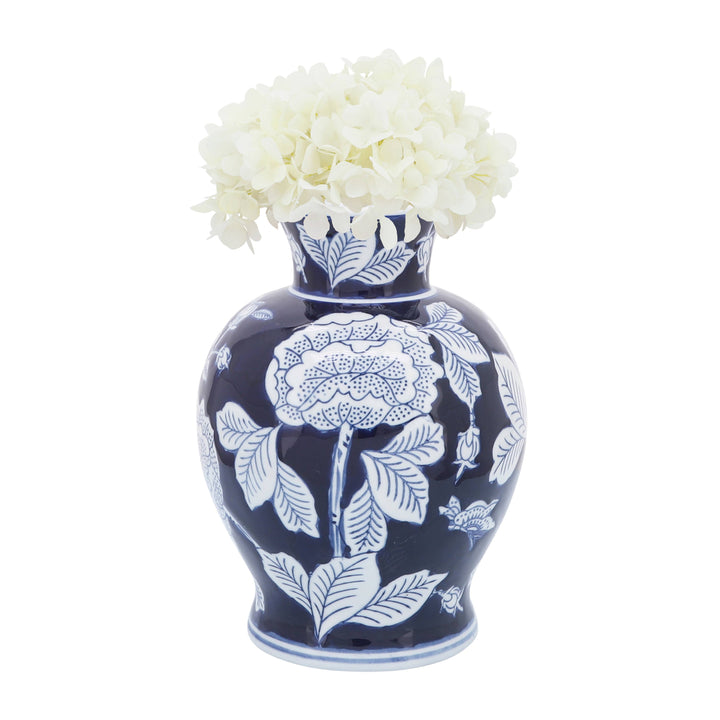 Blue Ceramic Floral Chinoiserie Vase, 9 in., with blue and white patterns. Available in 9-inch size.