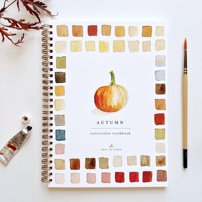Spiral-bound Autumn watercolor workbook with painted pumpkin, autumn swatch border. Sizes available: 8x10", 9x12".