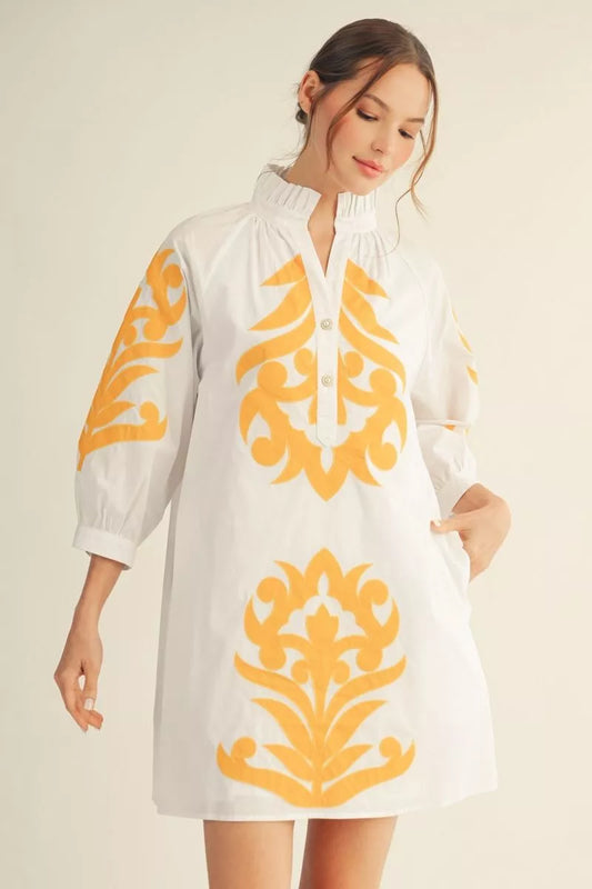 Sunflower Yellow & White Baroque Applique Shift Dress