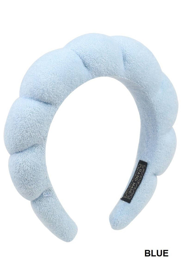 Light blue Spa Terry Towel Hair Headband with padded, scalloped design. Available sizes: S, M, L.