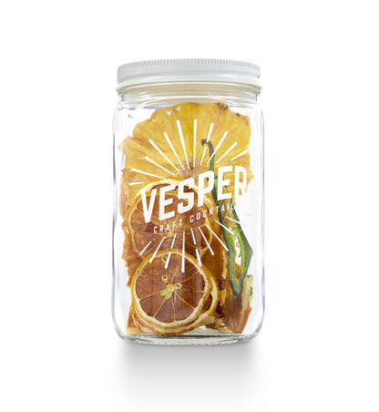 32 oz clear glass jar with white lid, labeled for Craft Cocktail Kit - Jalapeño Margarita. Contains dried citrus slices.